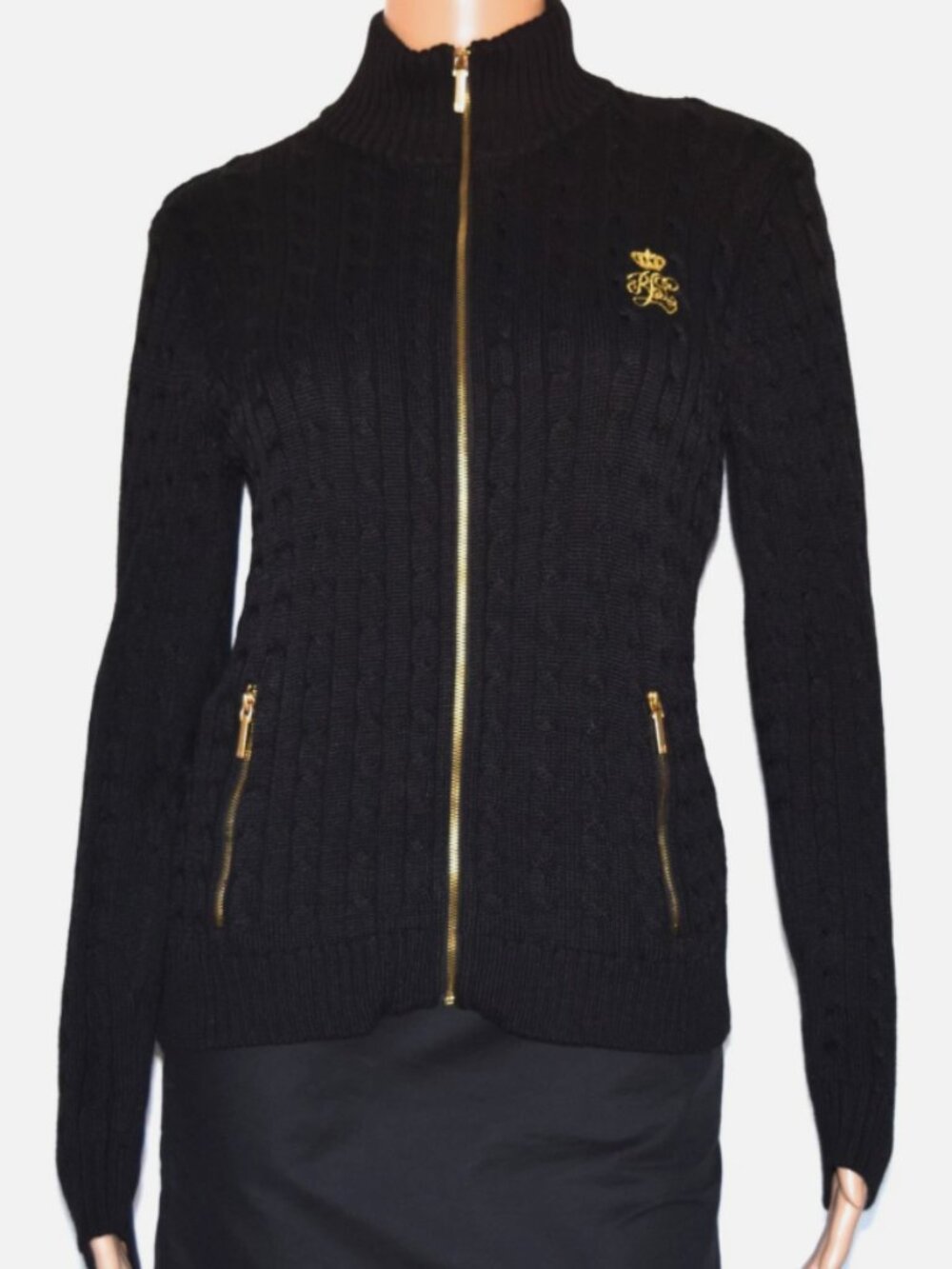 LAUREN RALPH LAUREN Black Cable Knit Mock Neck Full Zip Stretch Cardigan Size S